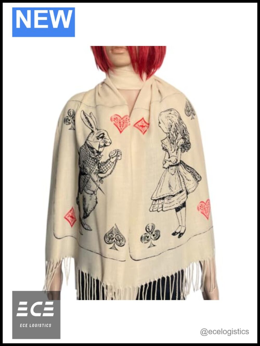 Alice in Wonderland Scarf Acrylic 72x28 Tassel Literary Wrap